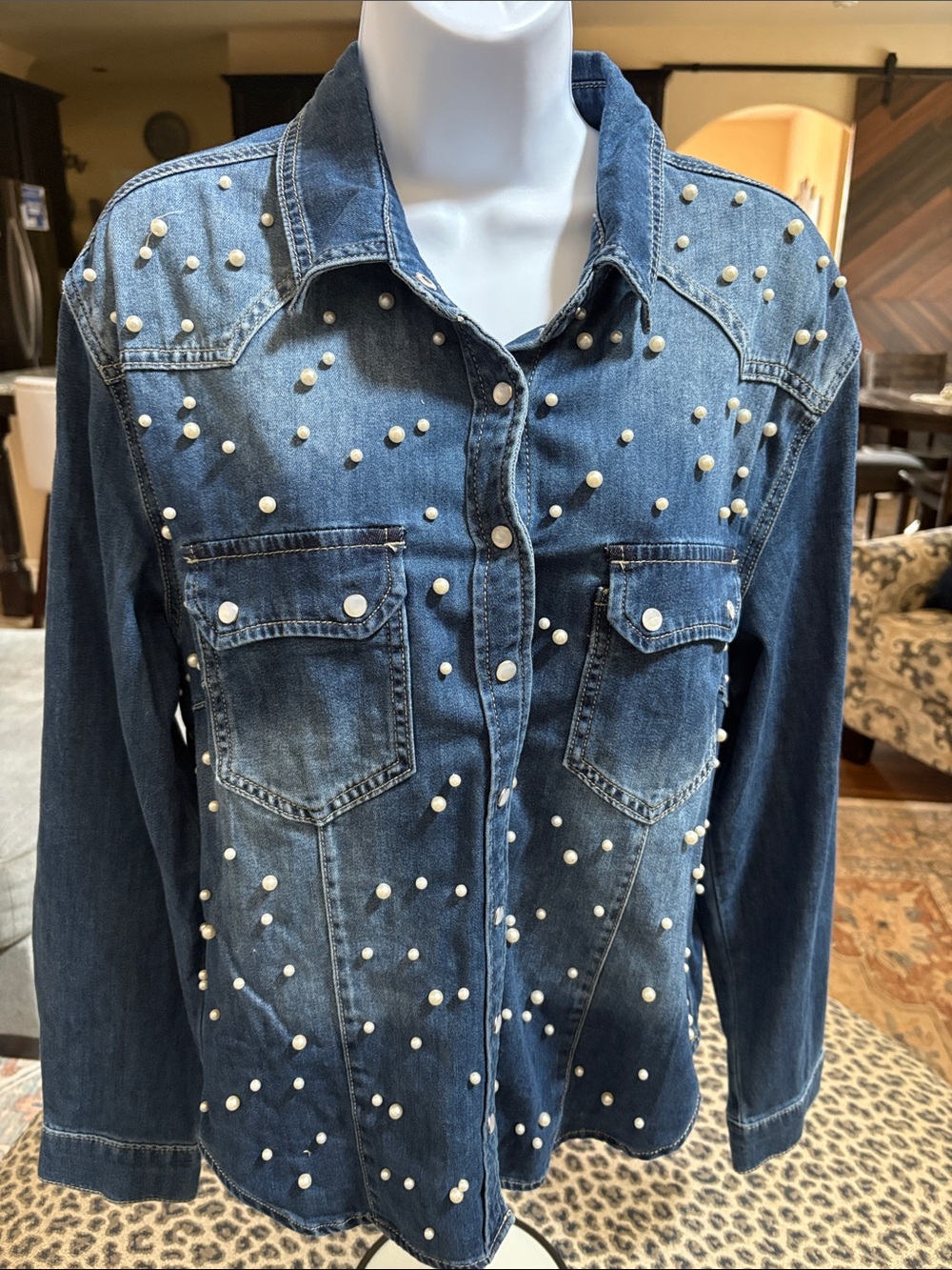 Pearl-Embellished Blue Denim Jacket